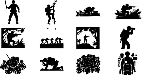 Modern Military Soldier Silhouette Set with Tactical Weapons Black Vector