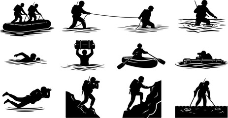 Modern Military Soldier Silhouette Set with Tactical Weapons Black Vector