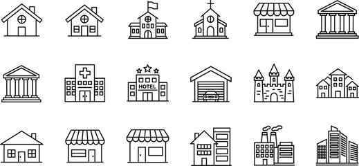 Naklejka premium Minimalist Buildings and Structures Line Art Icon Set, Residential, Commercial, Public, Education, and City Skyline Vector Graphic Collection