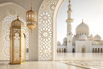 Majestic Islamic Architecture with Golden Accents and Grand Mosque View