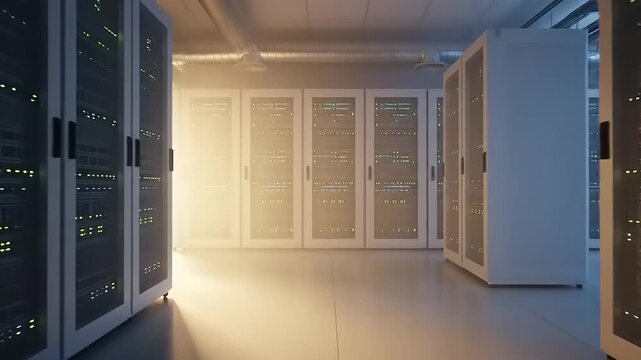 Modern Data Center Server Room with Racks and Lights.