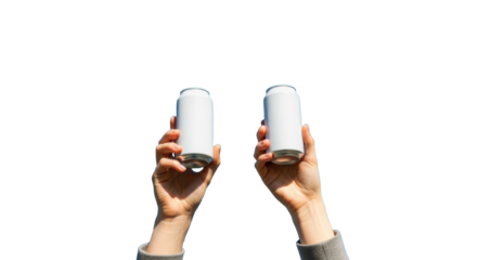 Fair-skinned hands confidently presenting two identical, blank white aluminum beverage cans with silver tops against a vibrant clear blue sky, low-angle, natural daylight. Concept of new product