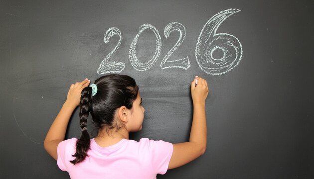 Young child writing 2026 on a chalkboard, symbolizing education, future goals, learning, and hope for the new year.