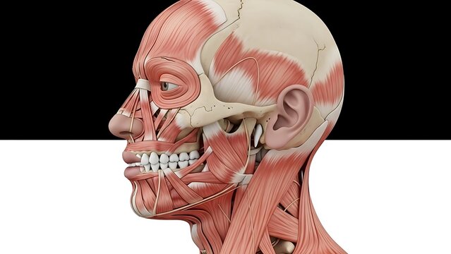 Anatomical illustration showcasing the facial muscles and skull structure in detail