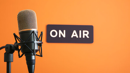 Capture the moment with crystal-clear sound. A professional microphone stands ready in front of an iconic “On Air” sign, symbolizing broadcast quality. Time to create!