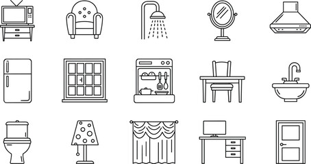 Obraz premium Minimalist Home and Furniture Line Art Icon Set, Interior Design, Household Appliances, Residential Living, and Domestic Decor Vector Graphic