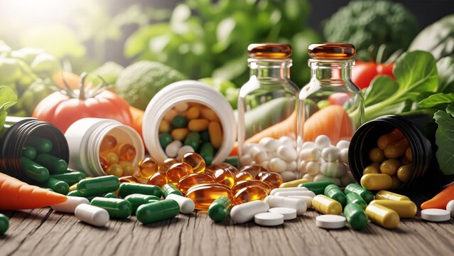 Nutritional supplements, vitamins, and fresh vegetables displayed on rustic wooden table - Powered by Adobe
