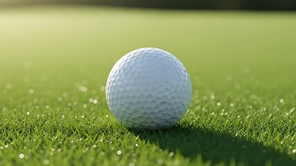 A golf ball sitting on a lush green grass field with sunlight casting shadows