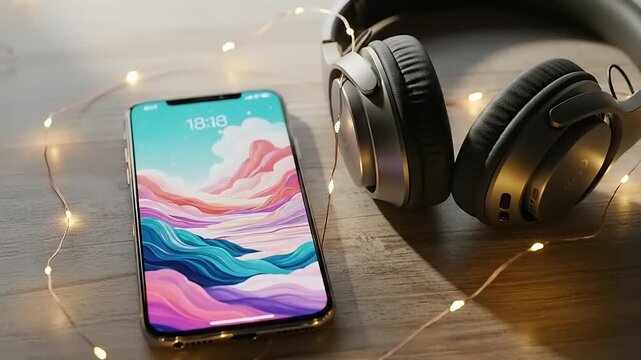 Modern Smartphone and Headphones with Festive Lights on Wooden Surface.