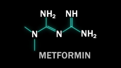 Metformin molecular structure illustration with neon glow chemical bonds on black background.