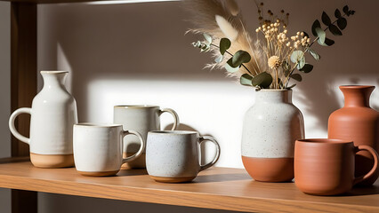 Still life of modern ceramic pottery including white and terracotta mugs, vases, and dried eucalyptus leaves