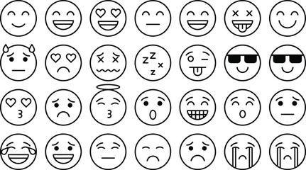 Set of twenty-eight minimalist black line art emoji icons featuring a wide range of facial expressions for social media and app interface design.