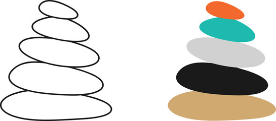 Set of two zen stone stacking cairn illustrations in minimalist line art and colorful flat design for wellness and meditation.