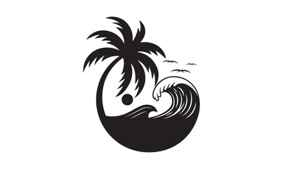 Palm tree with beach waves and tropical ocean sunset in circular logo design vector