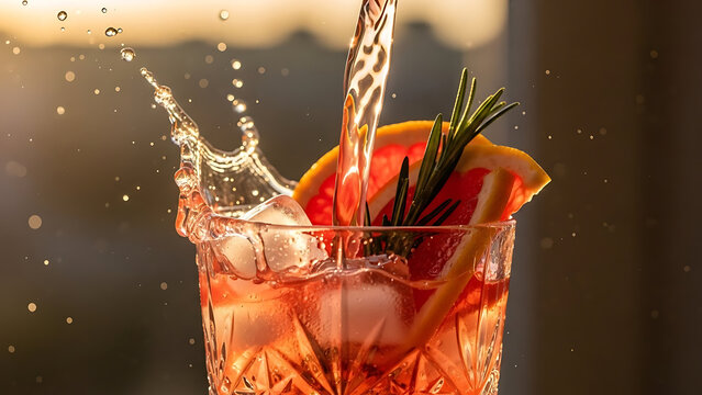 Dynamic liquid splash of citrus grapefruit infusion with rosemary and ice in crystal glassware. Sun-drenched studio photo style.