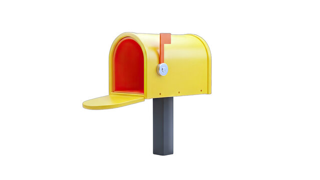 Yellow Mailbox Open with Flag Up on White Background