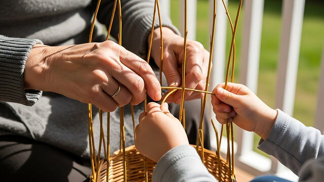 Collaborative handiwork creating traditional woven structure using flexible willow branches for sustainable craft. Authentic lifestyle style.