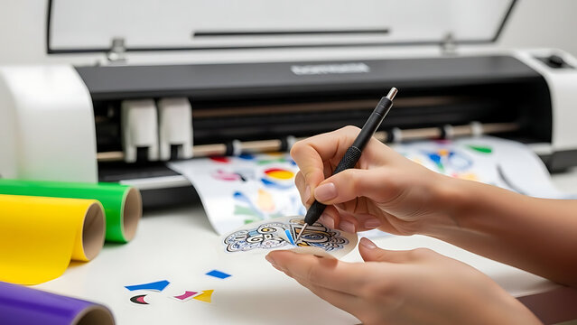 Precision vinyl weeding process for intricate graphic decals using professional metal tool near plotter machine. Modern workshop style.