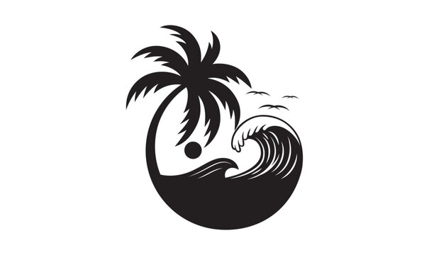 Palm tree with beach waves and tropical ocean sunset in circular logo design vector