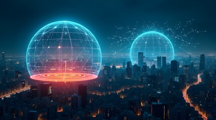 A futuristic smart city at night, with an emphasis on global connectivity, data networks and the concept of "digital twins".