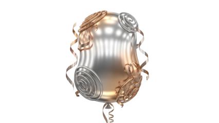 Shiny metallic balloon with rose gold and silver finish, decorated with swirling patterns and streamers, perfect for luxury celebrations and party decorations isolated on transparent background