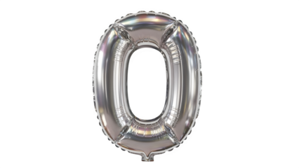 Silver mylar foil balloon shaped like the number zero, isolated on transparent background