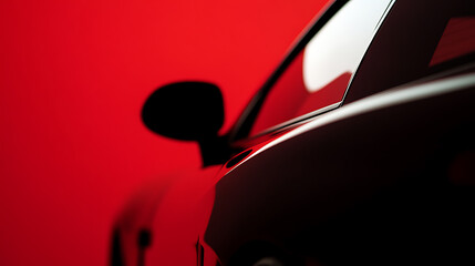 Sleek car body, polished to perfection against a stark red backdrop. The car's curves hint at speed and luxury, creating a visually striking and dynamic composition.