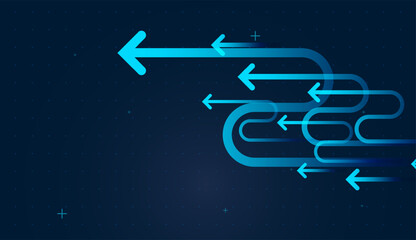 Moving backward arrows on Soft gradients on dark grid background evoke fintech dashboards. and Rounded arrow corners give the design