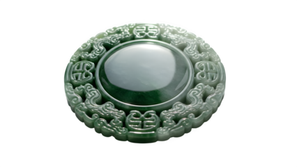 Antique chinese green jade bi disc pendant with dragon motifs and auspicious symbols isolated on transparent background