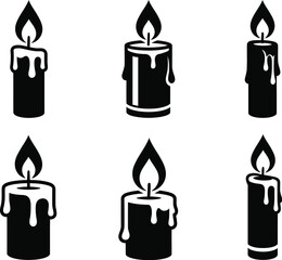 Black and white line art of lit candles with dripping wax and bright flames on a white background
