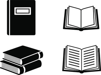 Four different book icons including a closed book and open book plus a stack of books for learning