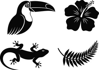 Four tropical nature icons including a toucan bird and hibiscus flower with a lizard and fern leaf
