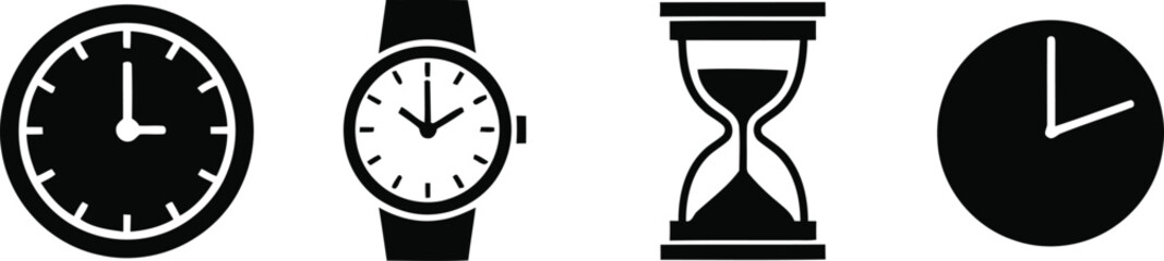 Four different types of timekeeping devices including a wall clock and a wristwatch for time management