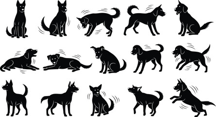 Multiple black silhouettes of a dog in various poses including sitting and standing for pet owners