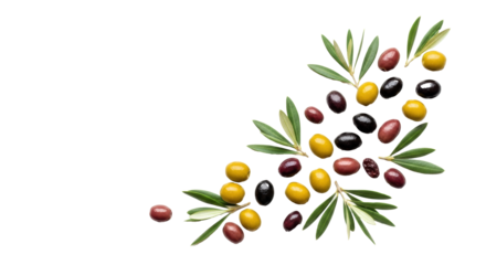 Vibrant green, black, and purple olives, whole, pitted, dried, with olive leaves and branches, artfully arranged on a transparent background. Concept of Mediterranean food and healthy lifestyle