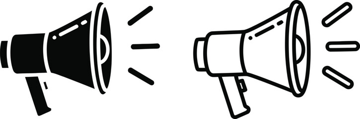 Two black and white line megaphones with sound waves for marketing and public announcement concepts