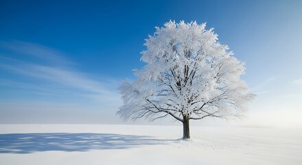 Solitary frosted tree casts long shadow on a snow-covered field under a clear blue sky