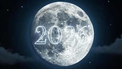The year 2026 glowing on a detailed moon surface against a dark, starry night sky with clouds