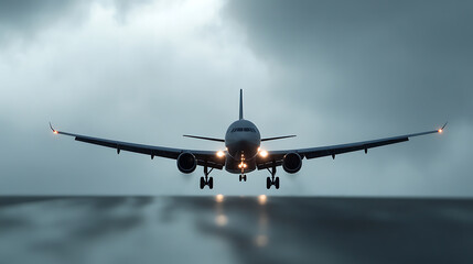 Fototapeta premium A powerful passenger aircraft touches down on a reflective, wet runway beneath a moody, overcast sky, symbolizing travel and technology, and the resilience of modern aviation.