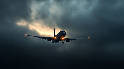 In the heart of a storm, an airplane soars, engines ablaze, battling the elements. A beacon of resilience against nature's fury. Its wings cutting through turbulent skies.
