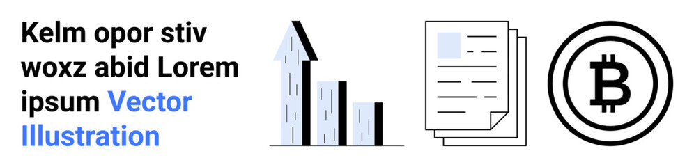 Obraz premium Business analysis, digital currency, financial management, investment, blockchain, presentation visuals. Bar chart, documents and Bitcoin symbol. Business analysis and digital currency