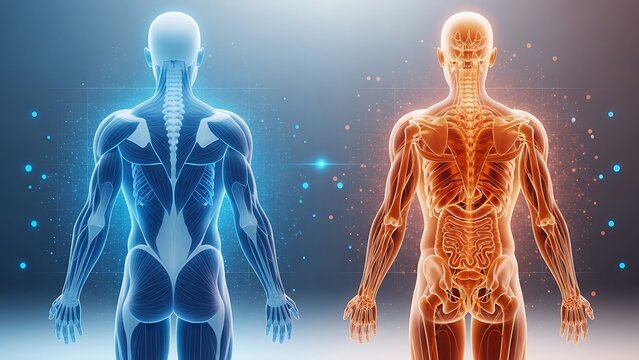 Anatomy of the human body visualized with glowing muscle and skeletal structures