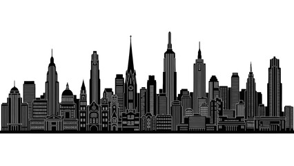 Fototapeta premium Modern City Skyline Illustration with Tall Buildings and Skyscrapers, Isolated White Background.