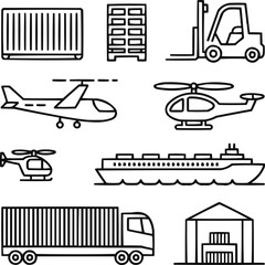 Commercial Vehicles Outline Icon Set Cargo, Transport, and Logistics