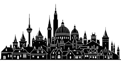 Historical City Skyline Silhouette with Traditional Buildings, Domes, and Spires on Isolated White Background © Wisnu505
