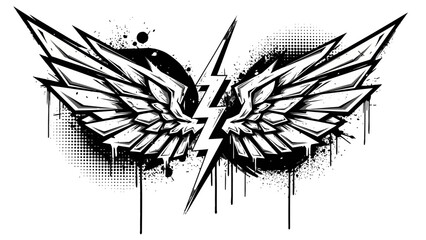 Grungy Black Wings with Lightning Bolt Symbol and Splatter Effects on an isolated white background. © Wisnu505