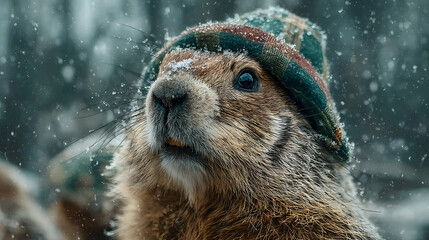 A groundhog in a checkered green and red hat stands on its hind legs in the middle of a winter landscape under falling snowflakes.