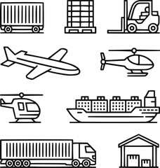 Commercial Vehicles Outline Icon Set Cargo, Transport, and Logistics