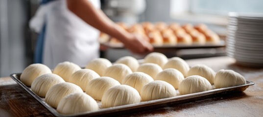 Tray of Uniform Shaped Buns with Baker in Minimalist High-Key Setting