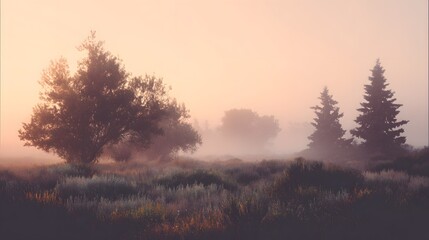 Fototapeta premium Misty Morning Landscape - Serene Trees Silhouetted Against a Soft Sunrise Sky.